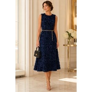 Akris Punto Ink Blue 3D Laser Cut Floral Petal Applique Midi Dress US 8 IT 44